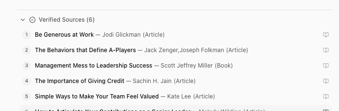 Verified Sources — numbered citations from books and articles
