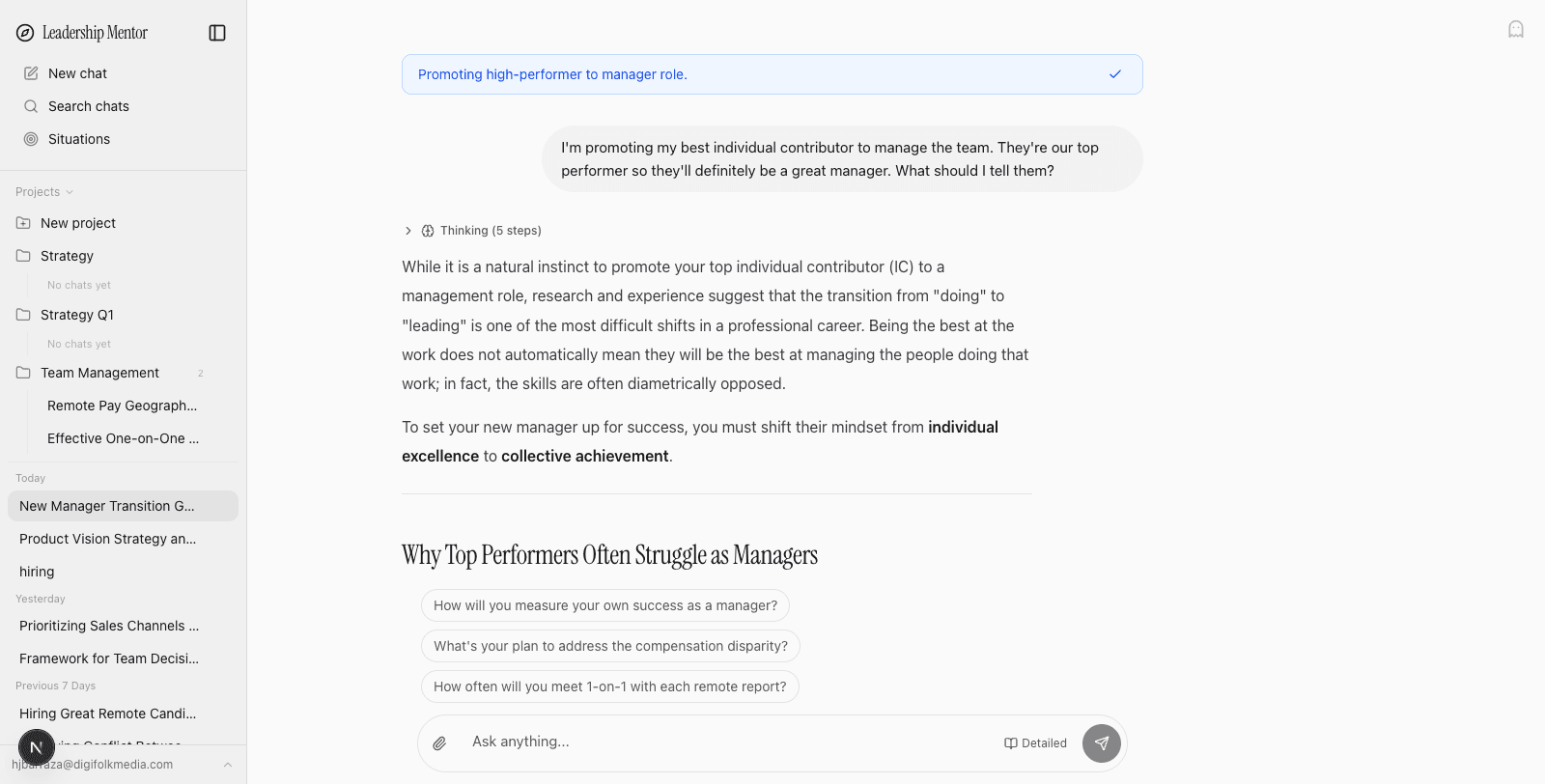 Leadership Mentor — chat interface with sourced advice